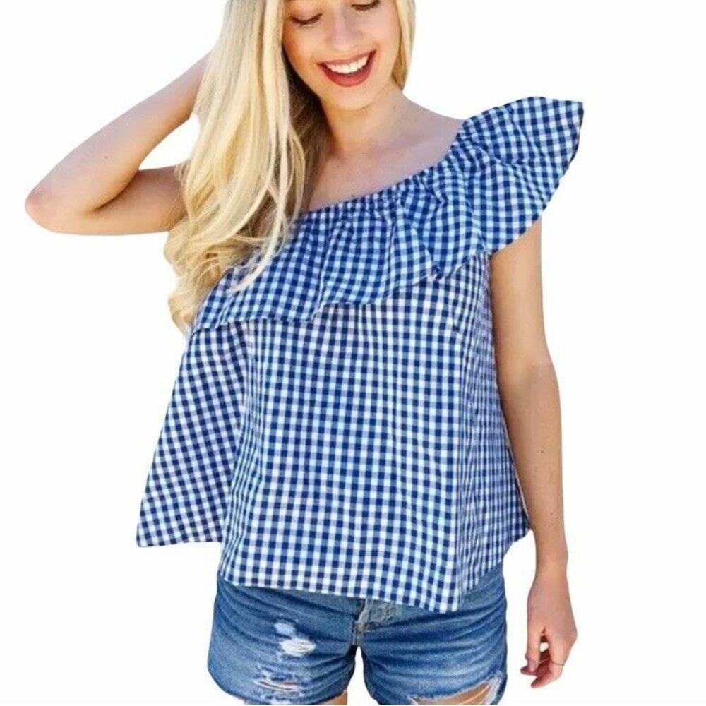 Lauren James one shoulder blue gingham top NWT